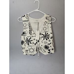 Rachel Zoe Women's Size Small Priscilla Doodle Print Linen Vest Cream And Black